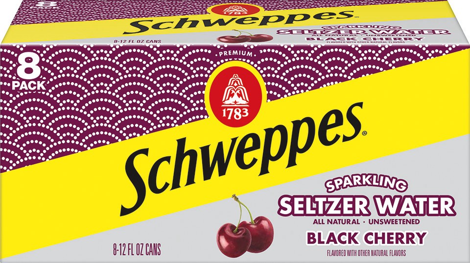 slide 1 of 4, Schweppes Black Cherry Sparkling Water Beverage, 12 fl oz cans, 8 pack, 8 ct