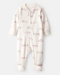 Carter's Baby Girl Train Print 100% Cotton Long-Sleeve Snug Fit Sleep & Play Pajamas - Cream, 9M