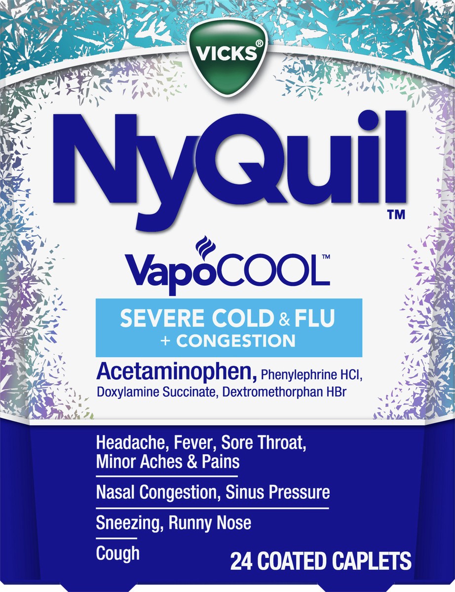 slide 2 of 2, Vicks NyQuil Coated Caplets VapoCool Severe Cold & Flu + Congestion 24 ea, 24 ct