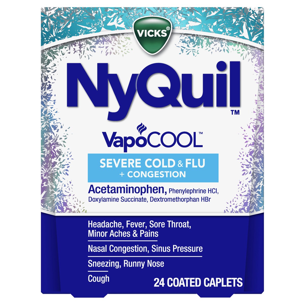 slide 1 of 2, Vicks NyQuil Coated Caplets VapoCool Severe Cold & Flu + Congestion 24 ea, 24 ct