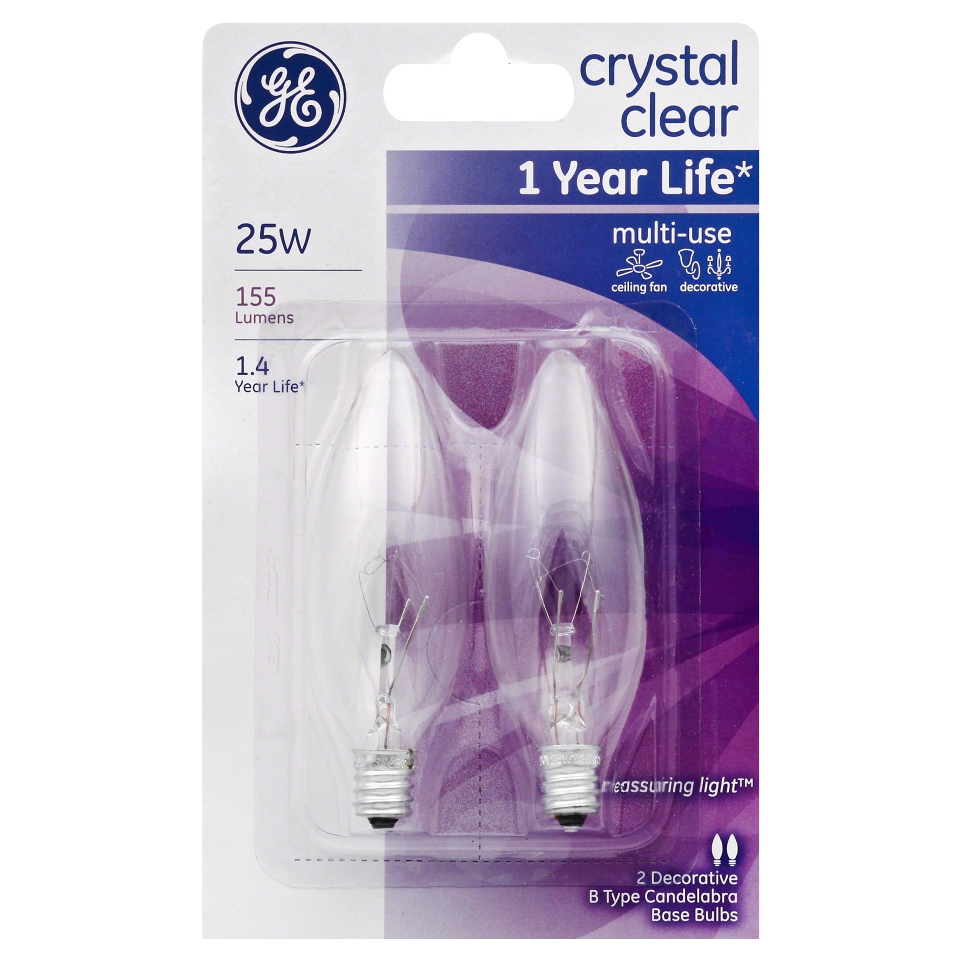 slide 1 of 1, GE Crystal Clear 25 watt Blunt Tip Candelabra Base Light Bulbs, 2 ct
