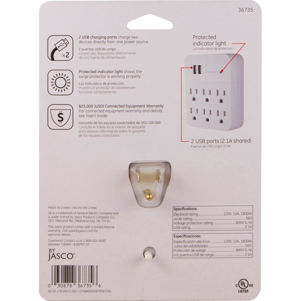 slide 31 of 39, GE 6-Outlet Surge Protector Tap with 2 USB Charging Ports, 25797, 1 ct