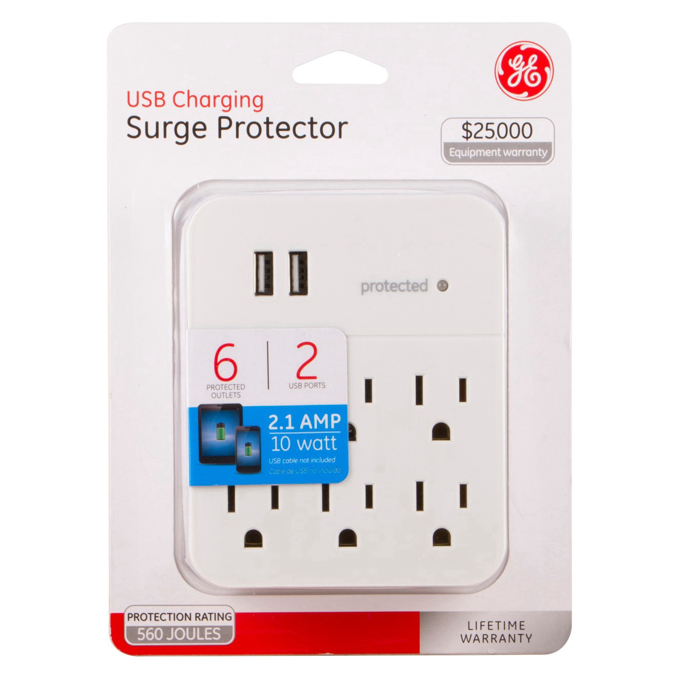 slide 5 of 39, GE 6-Outlet Surge Protector Tap with 2 USB Charging Ports, 25797, 1 ct