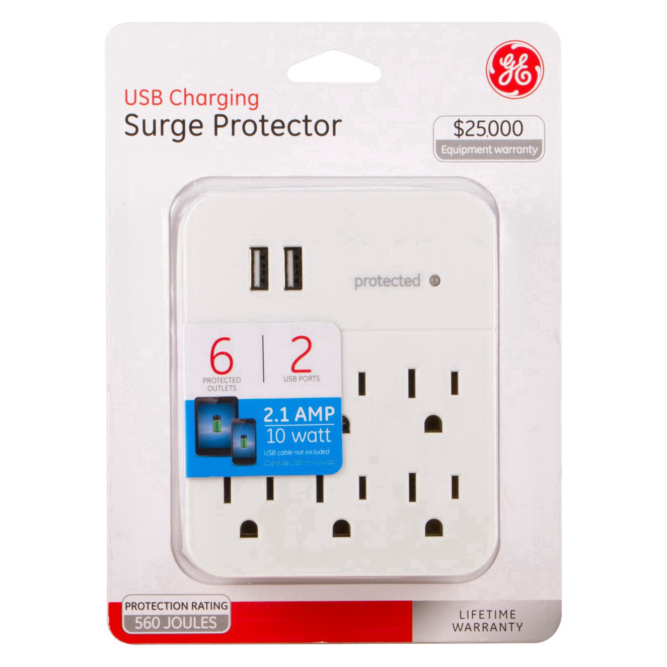 slide 11 of 39, GE 6-Outlet Surge Protector Tap with 2 USB Charging Ports, 25797, 1 ct