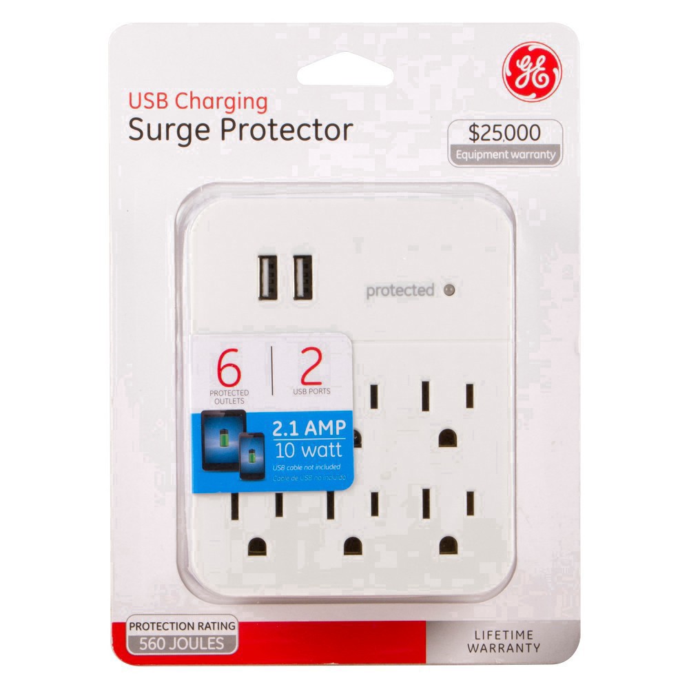slide 18 of 39, GE 6-Outlet Surge Protector Tap with 2 USB Charging Ports, 25797, 1 ct