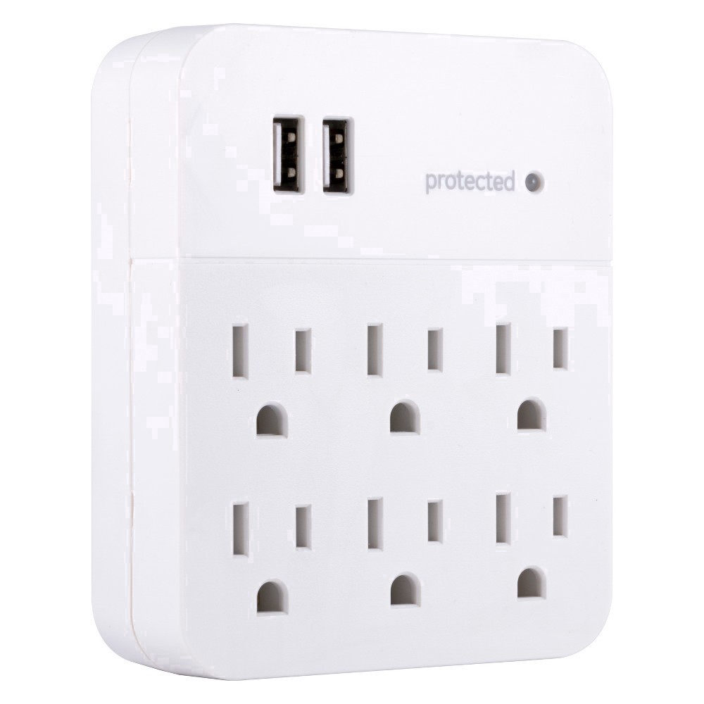 slide 19 of 39, GE 6-Outlet Surge Protector Tap with 2 USB Charging Ports, 25797, 1 ct