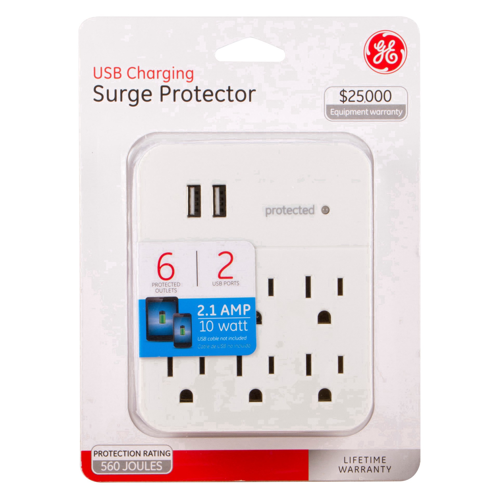 slide 22 of 39, GE 6-Outlet Surge Protector Tap with 2 USB Charging Ports, 25797, 1 ct