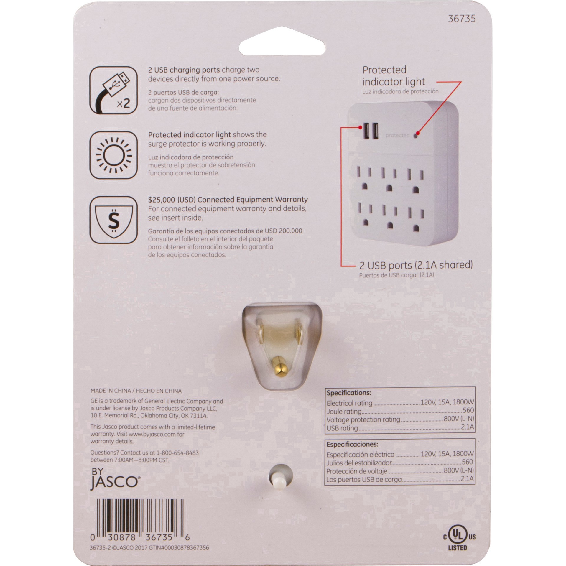 slide 23 of 39, GE 6-Outlet Surge Protector Tap with 2 USB Charging Ports, 25797, 1 ct