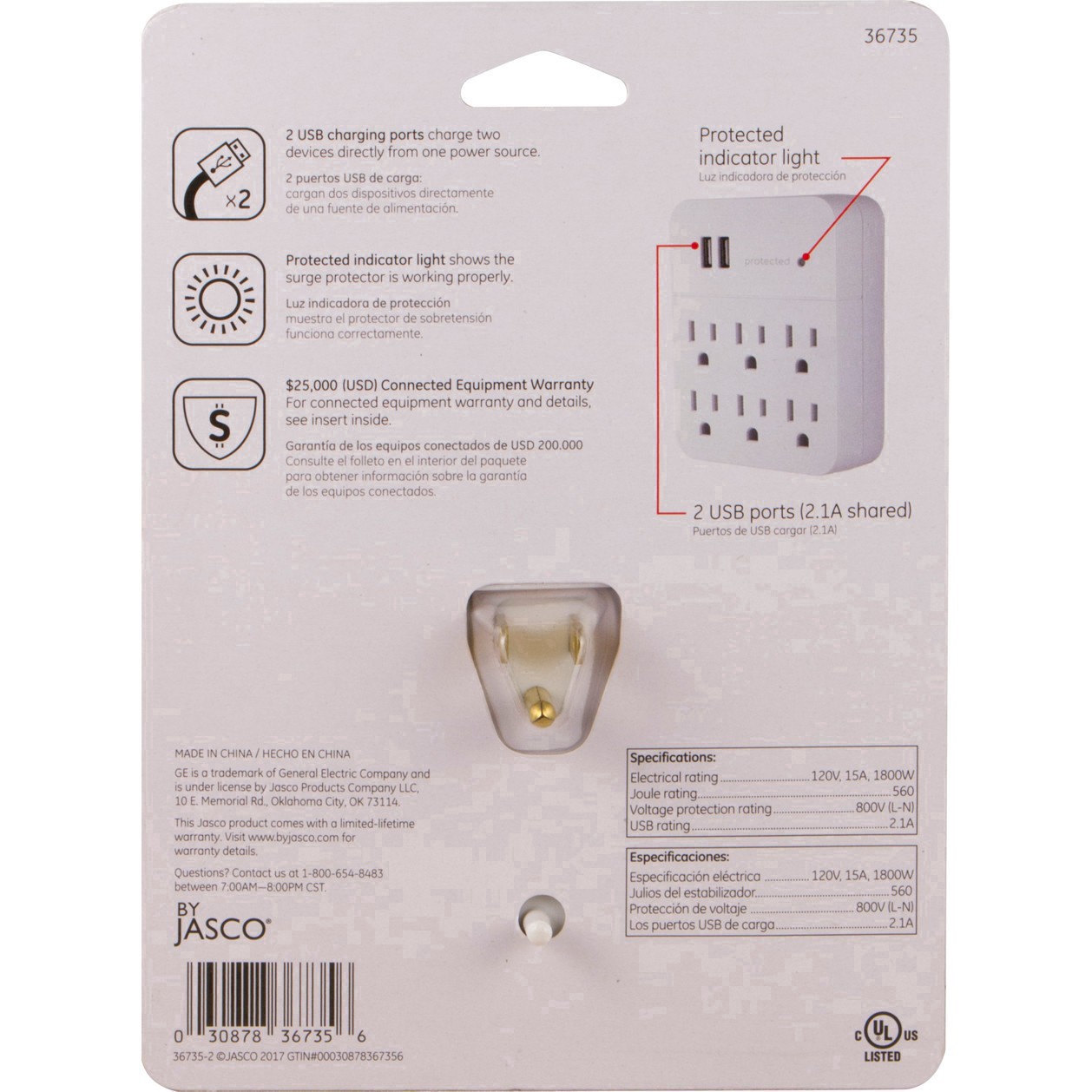 slide 28 of 39, GE 6-Outlet Surge Protector Tap with 2 USB Charging Ports, 25797, 1 ct