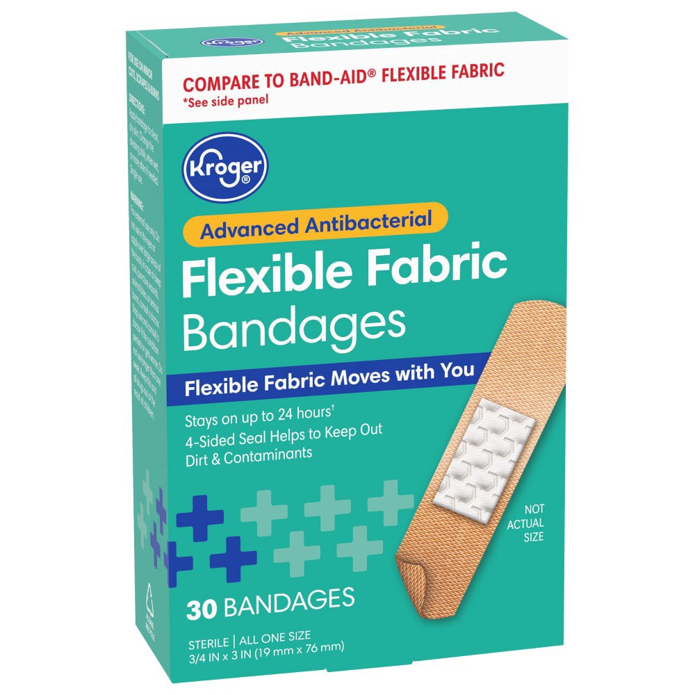 slide 1 of 4, Kroger Advanced Antibacterial 34 In X 3 In Fabric Bandages, 30 ct