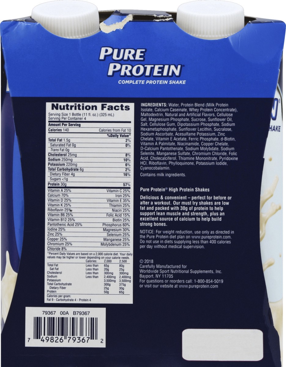 slide 4 of 7, Pure Protein Shake, Complete Protein, Vanilla Milkshake, 30g Protein, 11 fl oz, 4 Count, 4 ct