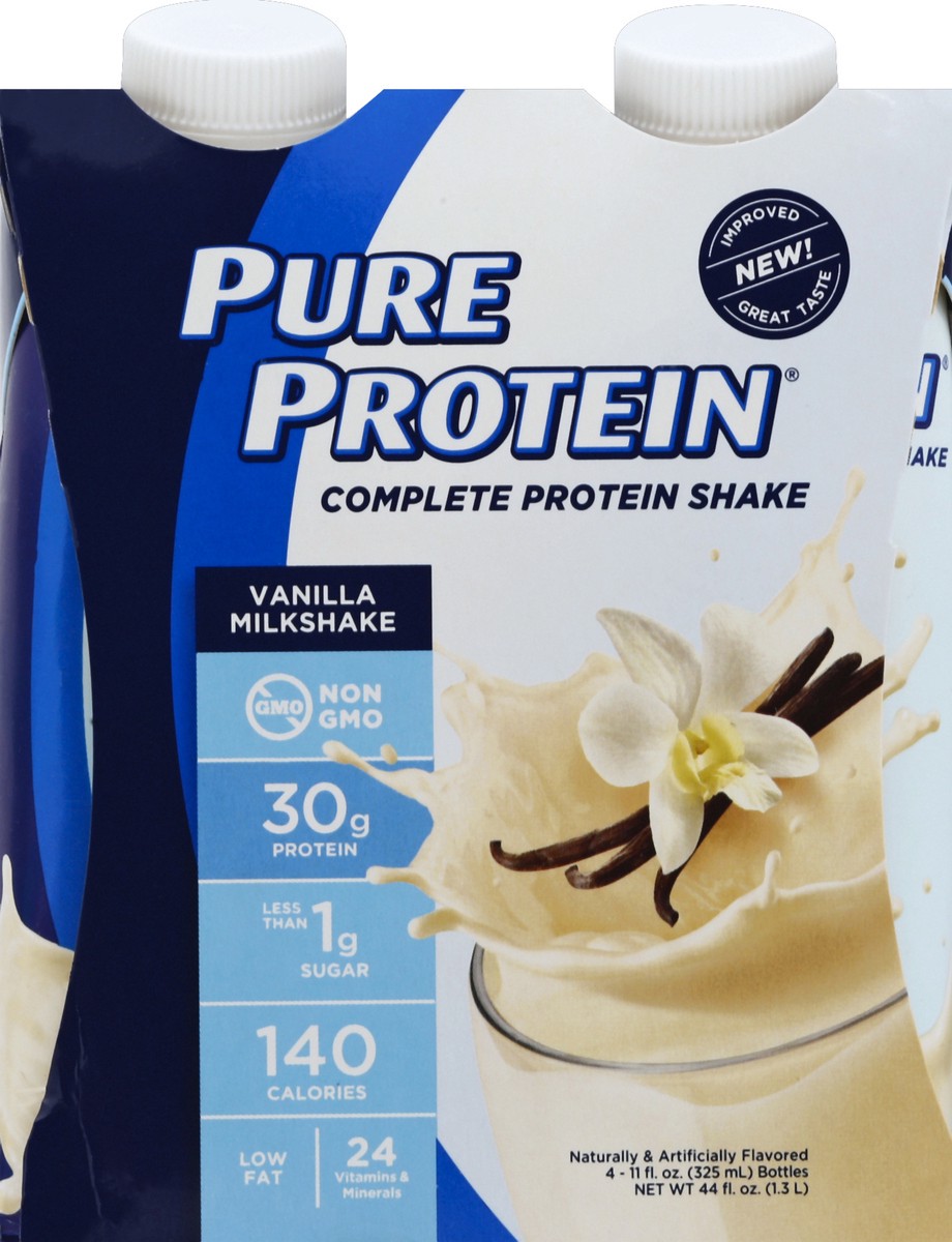 slide 5 of 7, Pure Protein Shake, Complete Protein, Vanilla Milkshake, 30g Protein, 11 fl oz, 4 Count, 4 ct