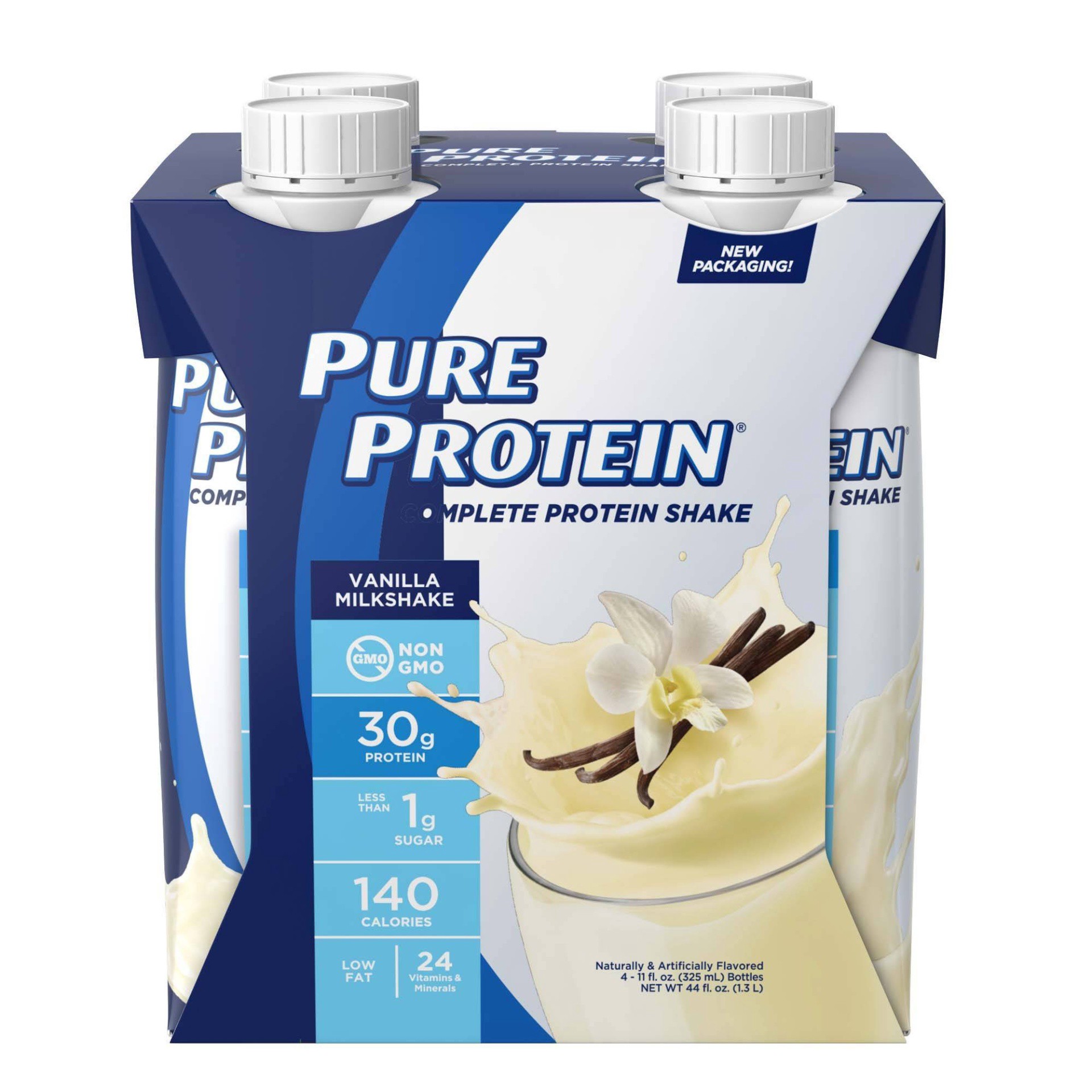 slide 1 of 7, Pure Protein Shake, Complete Protein, Vanilla Milkshake, 30g Protein, 11 fl oz, 4 Count, 4 ct