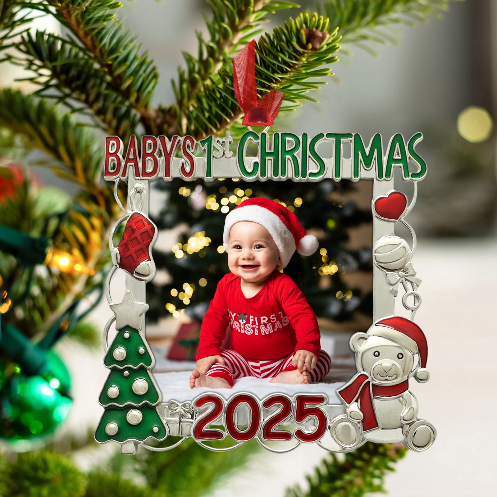 slide 3 of 3, 2.25" X 2.25" Silver, Red & Green Baby's 1st Christmas 2025 Ornament Frame By Studio Decor, 2.25 in x 2.25 in