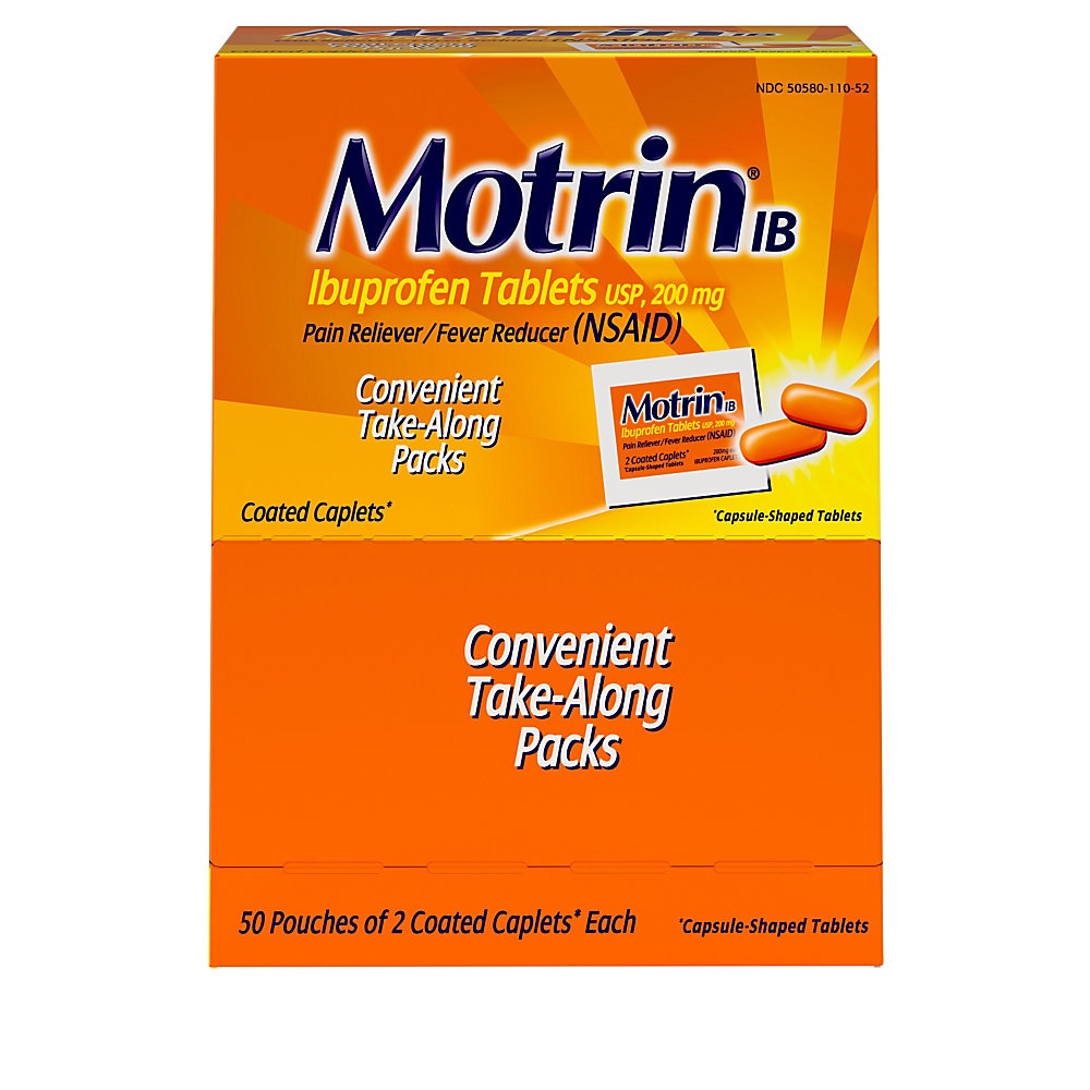 slide 1 of 4, Motrin Ib Ibuprofen Tablets, 2 Pain Relievers Per Pack, Box Of 50 Packs, 50 ct