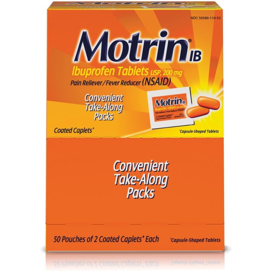 slide 4 of 4, Motrin Ib Ibuprofen Tablets, 2 Pain Relievers Per Pack, Box Of 50 Packs, 50 ct