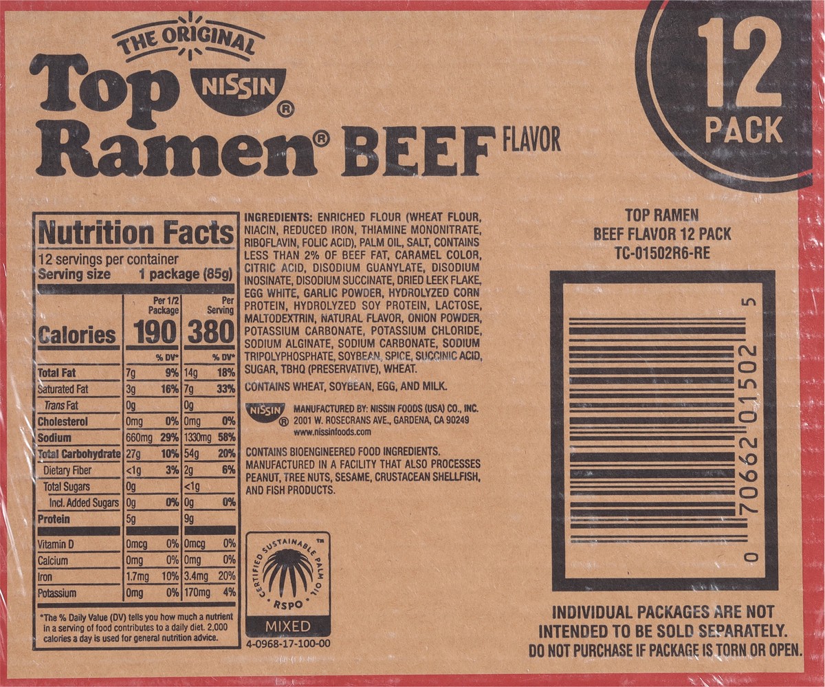 slide 4 of 9, Nissin® Top Ramen® ramen noodle soup, beef flavor, 12 ct; 3 oz