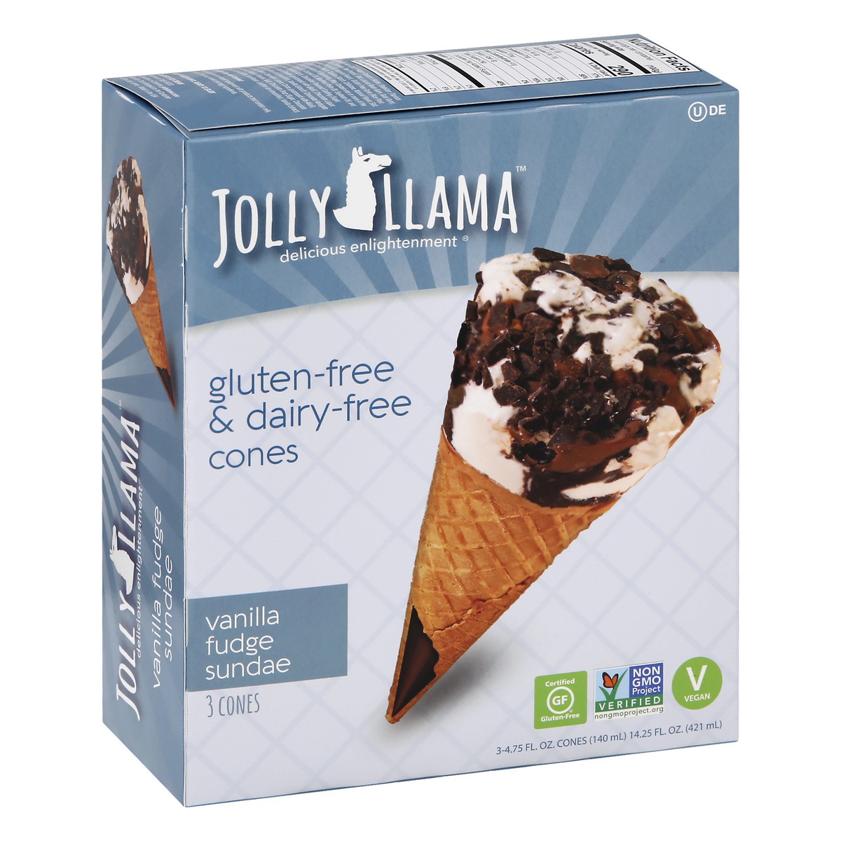 slide 4 of 9, Jolly Llama Gluten Free & Dairy Free Vanilla Fudge Sundae Cones, 14.25 fl oz