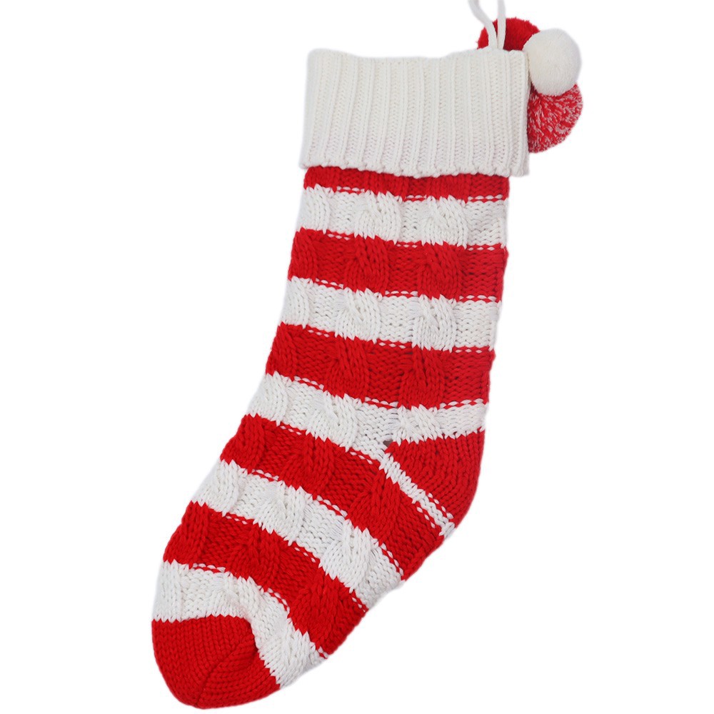 slide 2 of 3, 18.5" Red & White Stripe Knit Stocking With Pom Poms By Ashland, 18.5 in