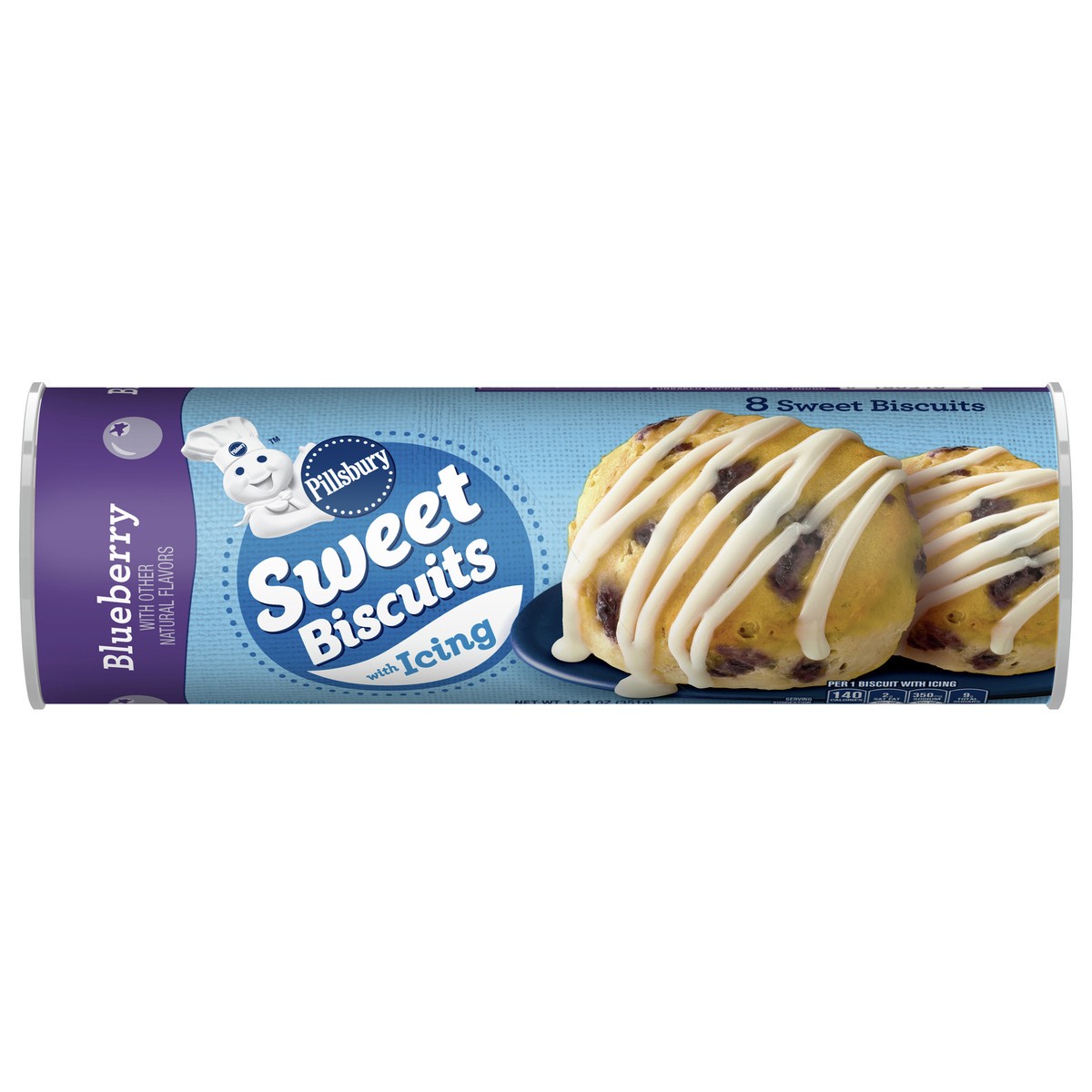 slide 1 of 13, Pillsbury Blueberry Sweet Refrigerated Biscuits With Icing, 8 ct., 12.4 oz., 8 ct