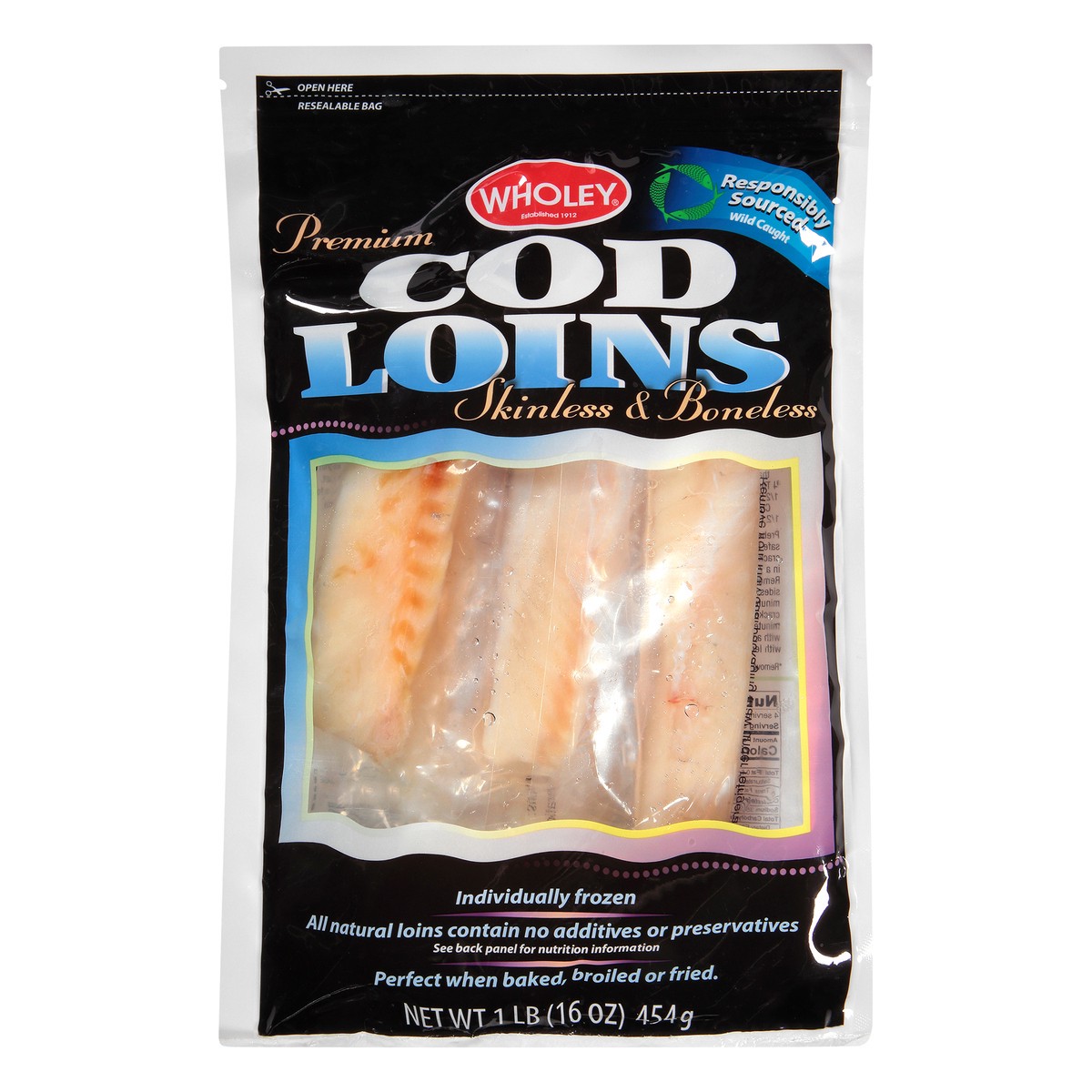 slide 2 of 13, Wholey Skinless & Boneless Premium Cod Loins 1 lb, 1 lb