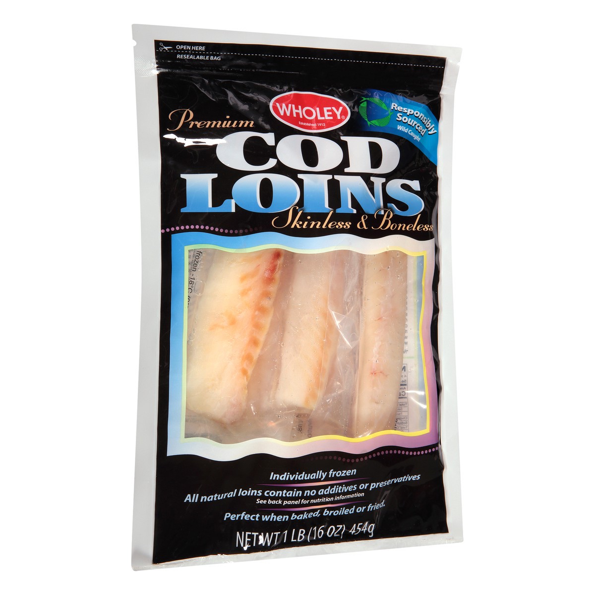 slide 3 of 13, Wholey Skinless & Boneless Premium Cod Loins 1 lb, 1 lb