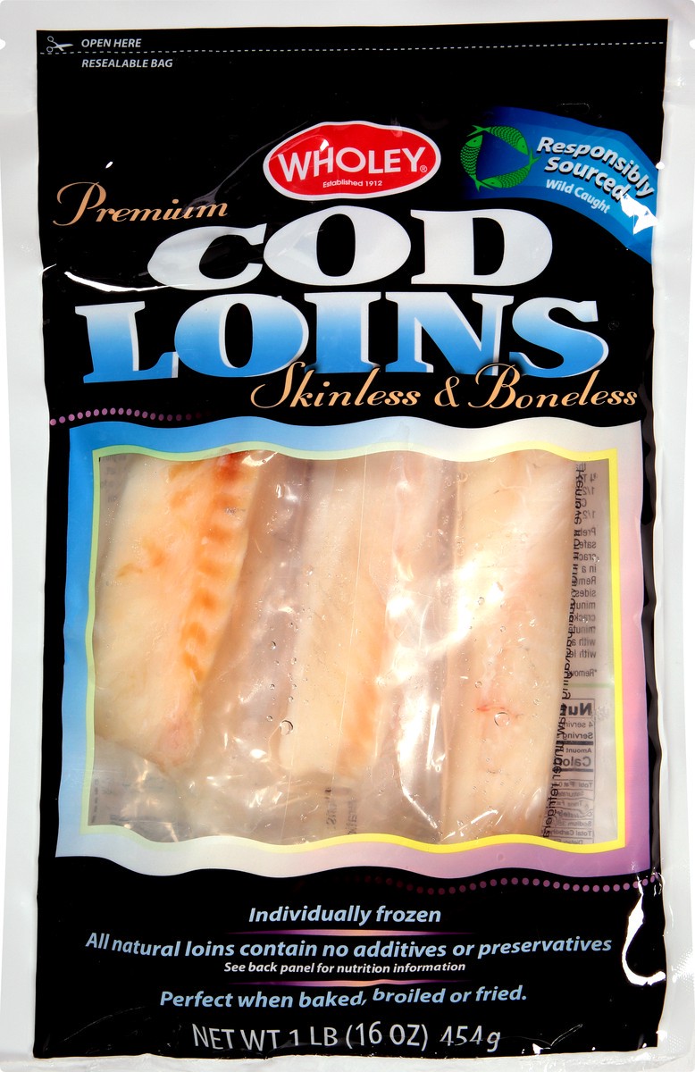 slide 7 of 13, Wholey Skinless & Boneless Premium Cod Loins 1 lb, 1 lb