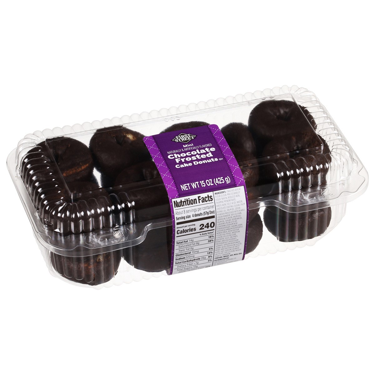 slide 11 of 12, First Street Mini Chocolate Frosted Cake Donuts, 15 oz