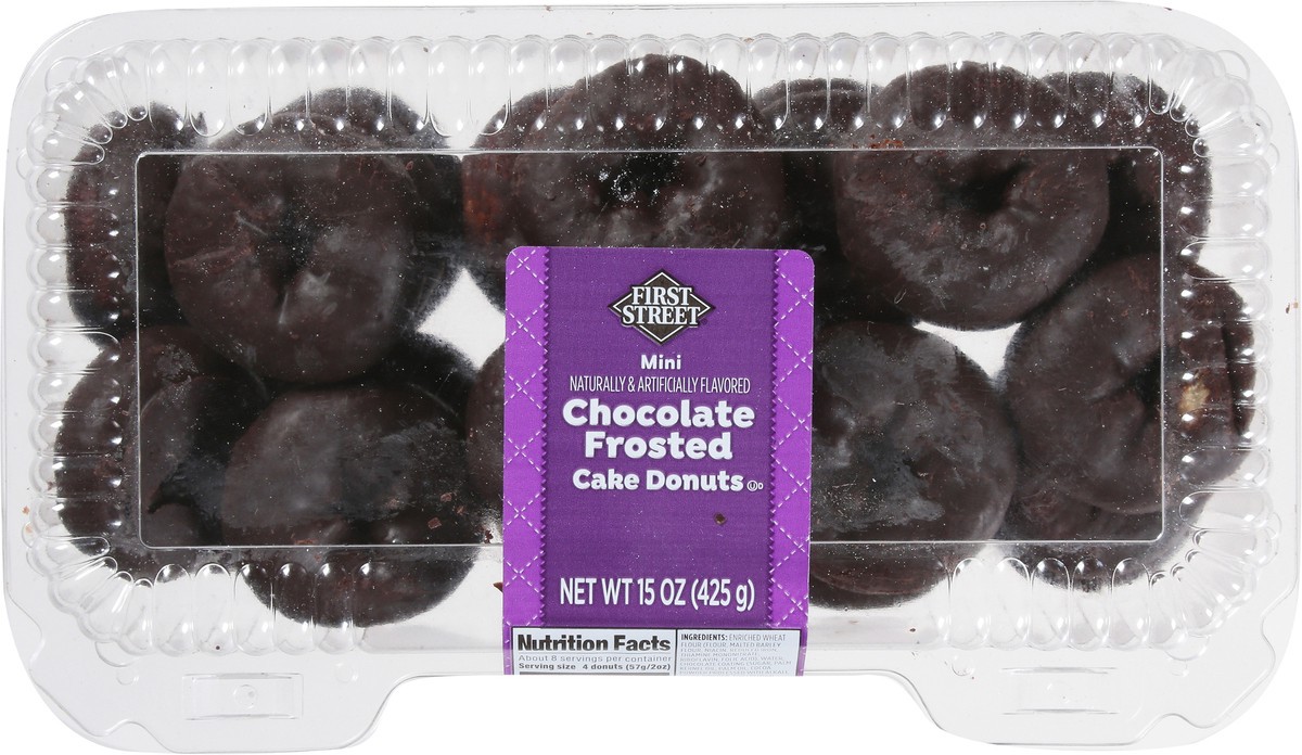slide 9 of 12, First Street Mini Chocolate Frosted Cake Donuts, 15 oz