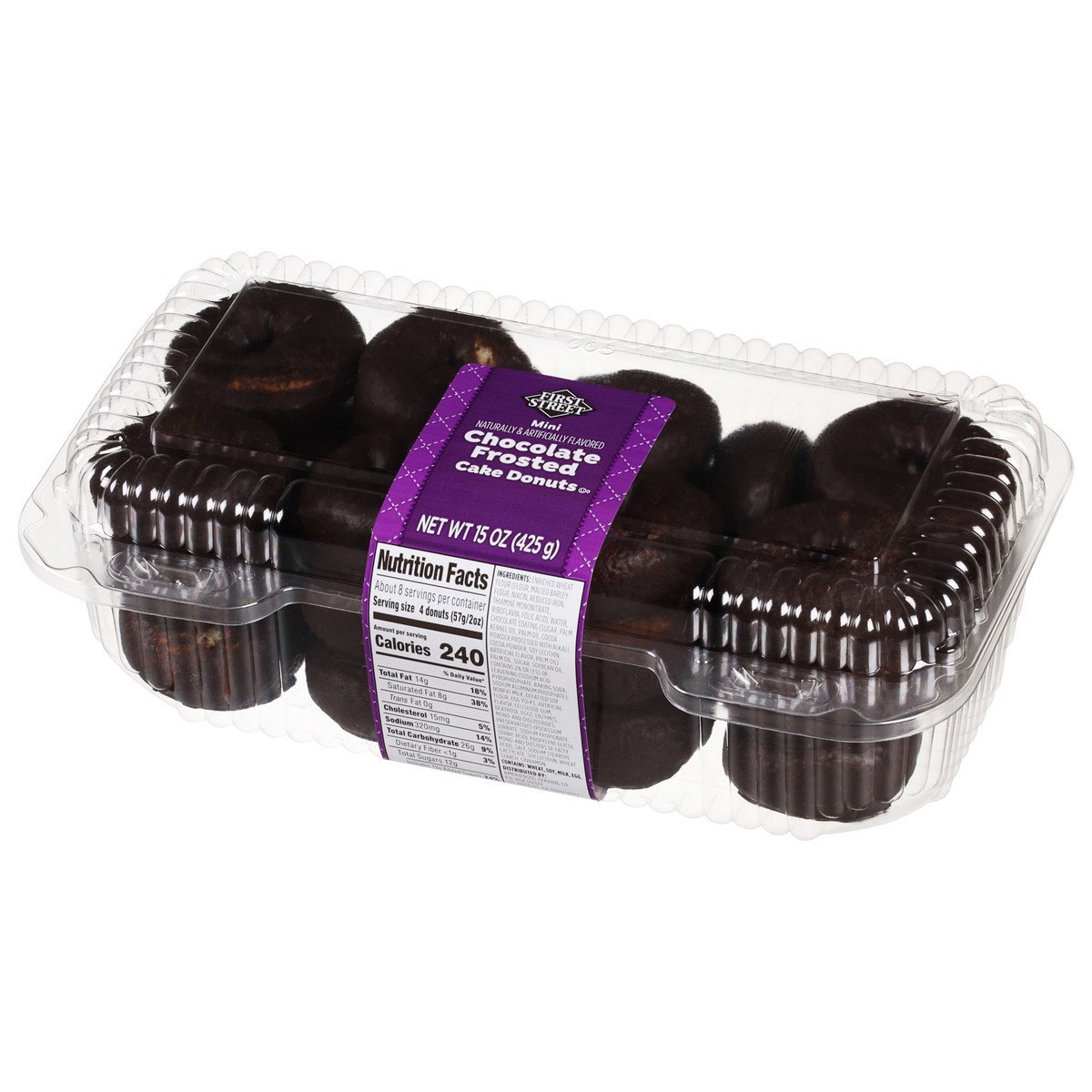 slide 7 of 12, First Street Mini Chocolate Frosted Cake Donuts, 15 oz