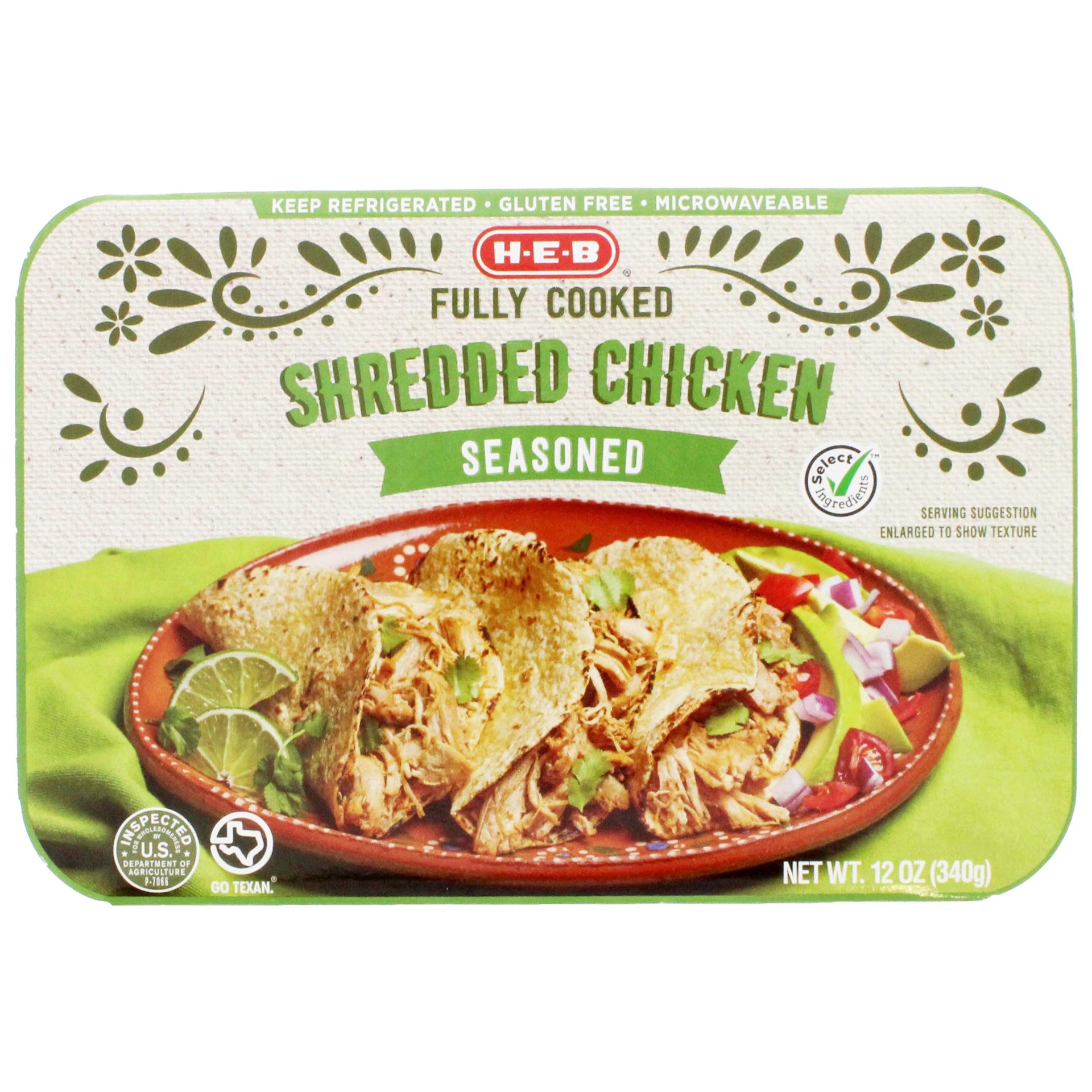slide 1 of 1, H-E-B Fully Cooked Seasoned Shredded Chicken, 12 oz