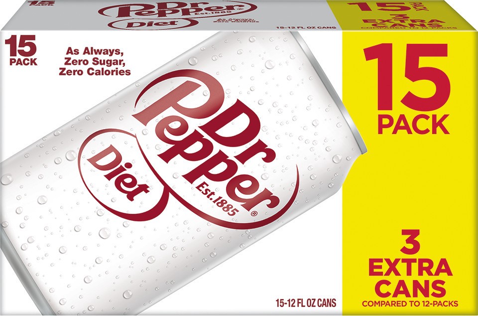 slide 1 of 4, Dr Pepper Diet Dr Pepper Soda, 12 fl oz cans, 15 pack, 15 ct