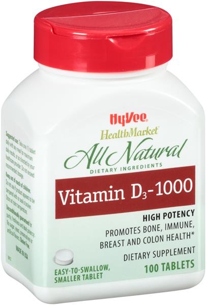 slide 1 of 1, Hy-Vee HealthMarket Vitamin D3-1000 Iu Tablets, 100 ct
