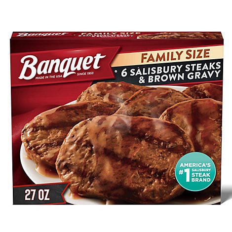 slide 1 of 1, Banquet Family Size Salisbury Steaks And Brown Gravy Frozen Meal - 27 Oz, 27 oz
