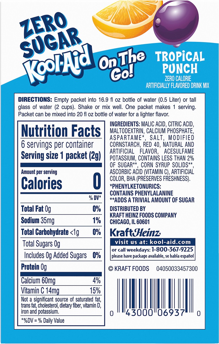 slide 7 of 9, Kool-Aid Tropical Punch Zero Sugar Artificially Flavored Powdered Soft Drink Mix, 6 ct On-the-Go-Packets, 6 ct