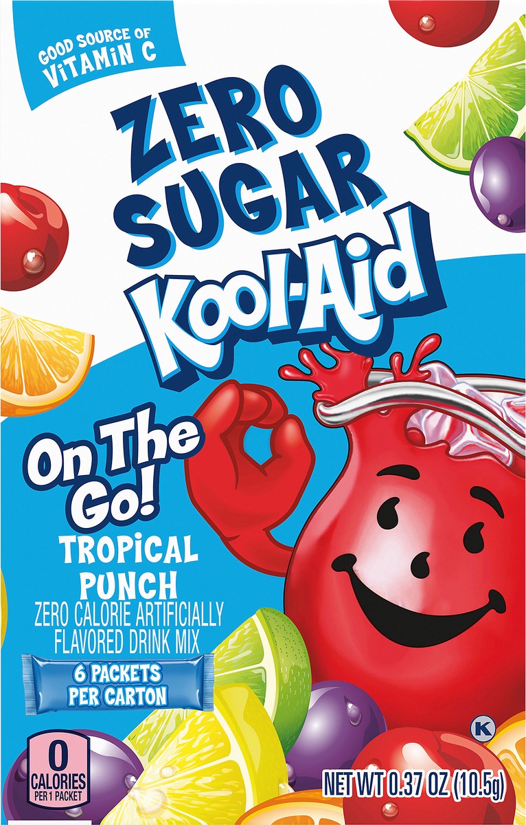 slide 3 of 9, Kool-Aid Tropical Punch Zero Sugar Artificially Flavored Powdered Soft Drink Mix, 6 ct On-the-Go-Packets, 6 ct