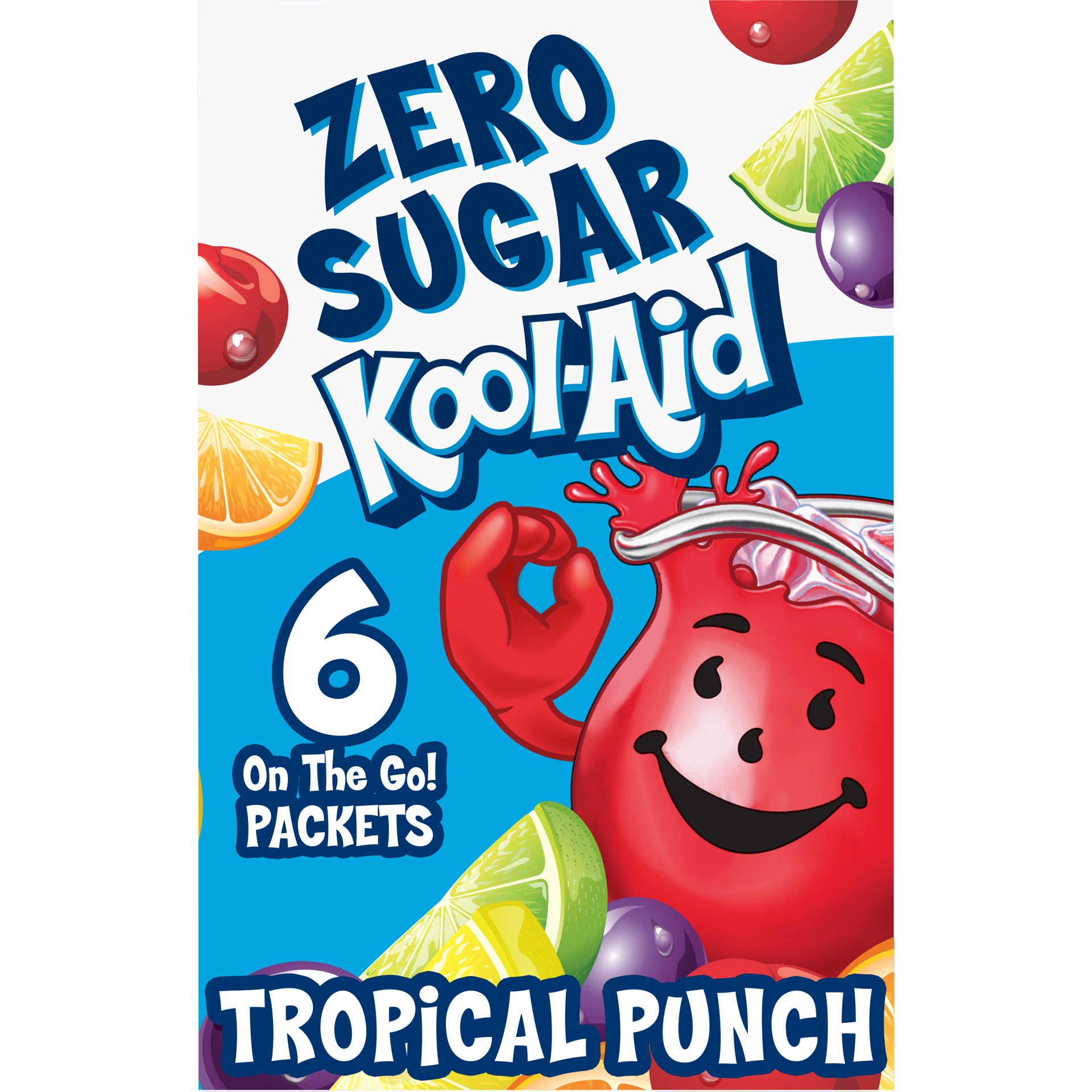 slide 1 of 9, Kool-Aid Tropical Punch Zero Sugar Artificially Flavored Powdered Soft Drink Mix, 6 ct On-the-Go-Packets, 6 ct