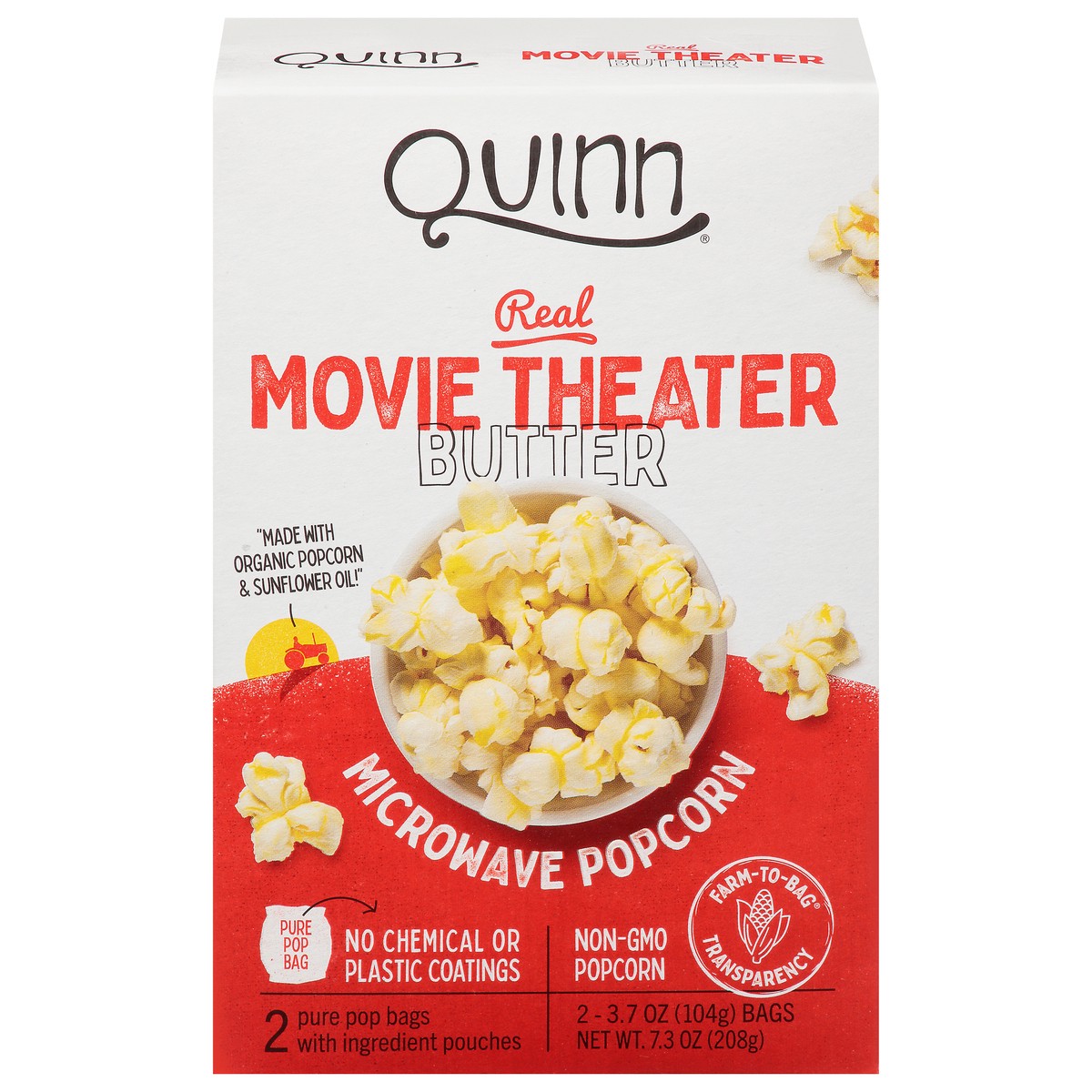 slide 1 of 9, Quinn Movie Theater Butter Microwave Popcorn 2-3.7 oz Bags, 2 ct