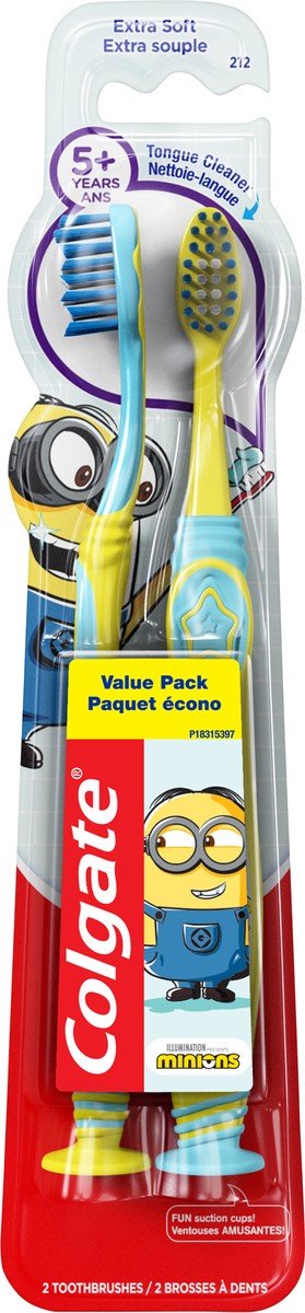 slide 5 of 7, Colgate Kids Extra Soft Toothbrush with Suction Cup - 2 Count (Minions), 2 ct