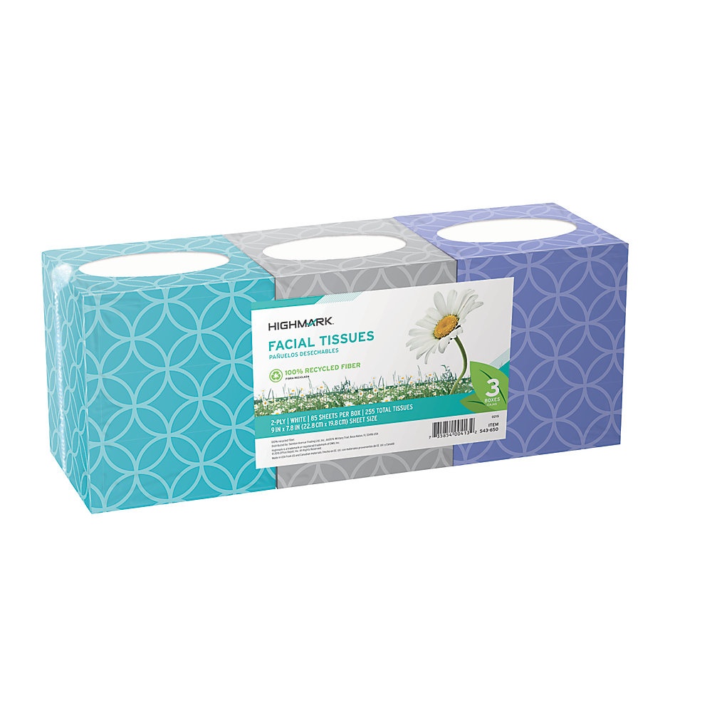 slide 1 of 1, Highmark 2-Ply Facial Tissue, 100% Recycled, White, 85 Tissues Per Box, Pack Of 3 Boxes, 3 ct