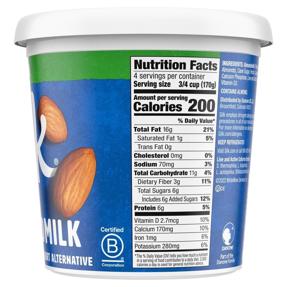 slide 4 of 8, Silk Plain Dairy Free, Almond Milk Yogurt Alternative, Rich and Creamy Plant Based Yogurt with 6 Grams of Protein, 24 OZ Tub, 24 oz