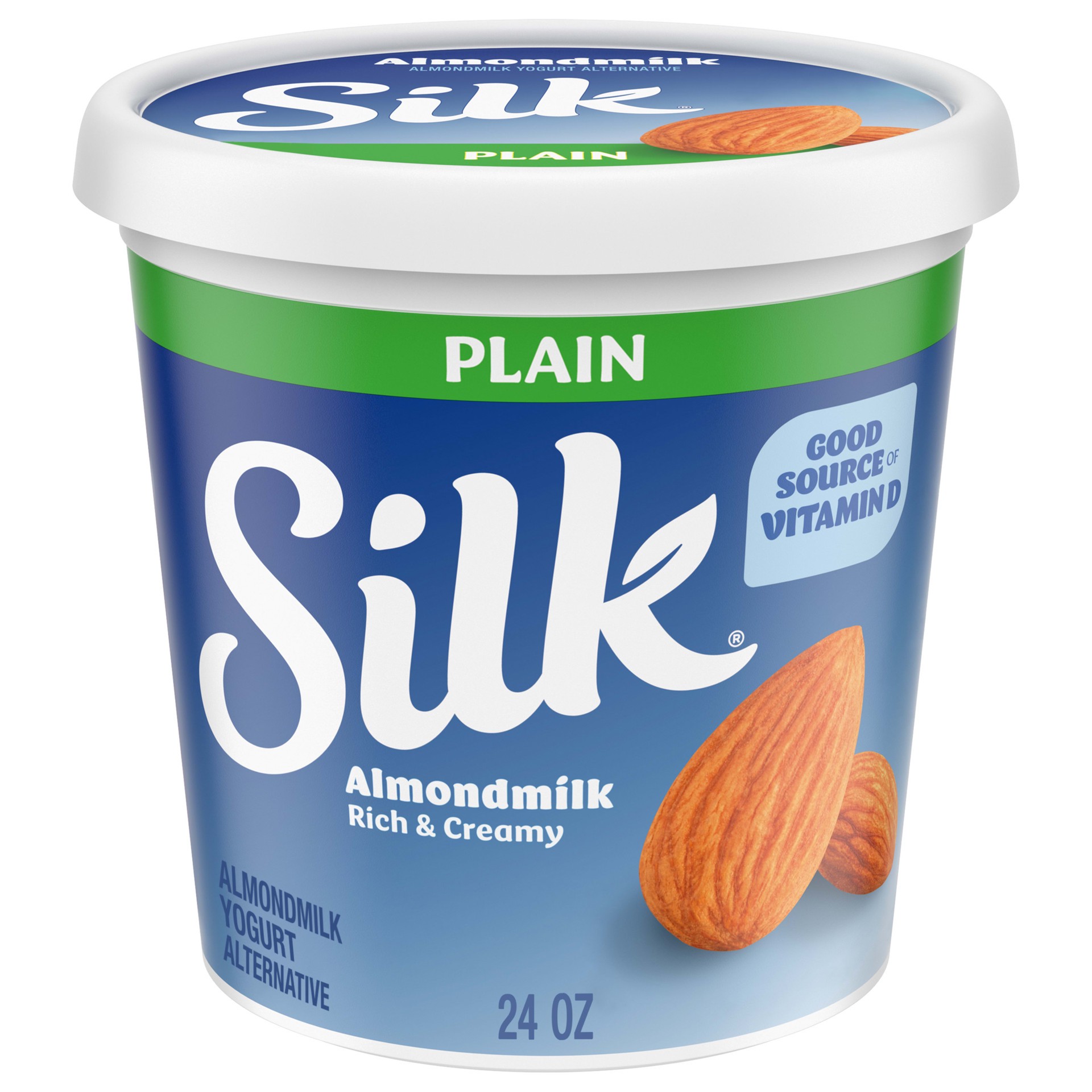 slide 1 of 8, Silk Plain Dairy Free, Almond Milk Yogurt Alternative, Rich and Creamy Plant Based Yogurt with 6 Grams of Protein, 24 OZ Tub, 24 oz