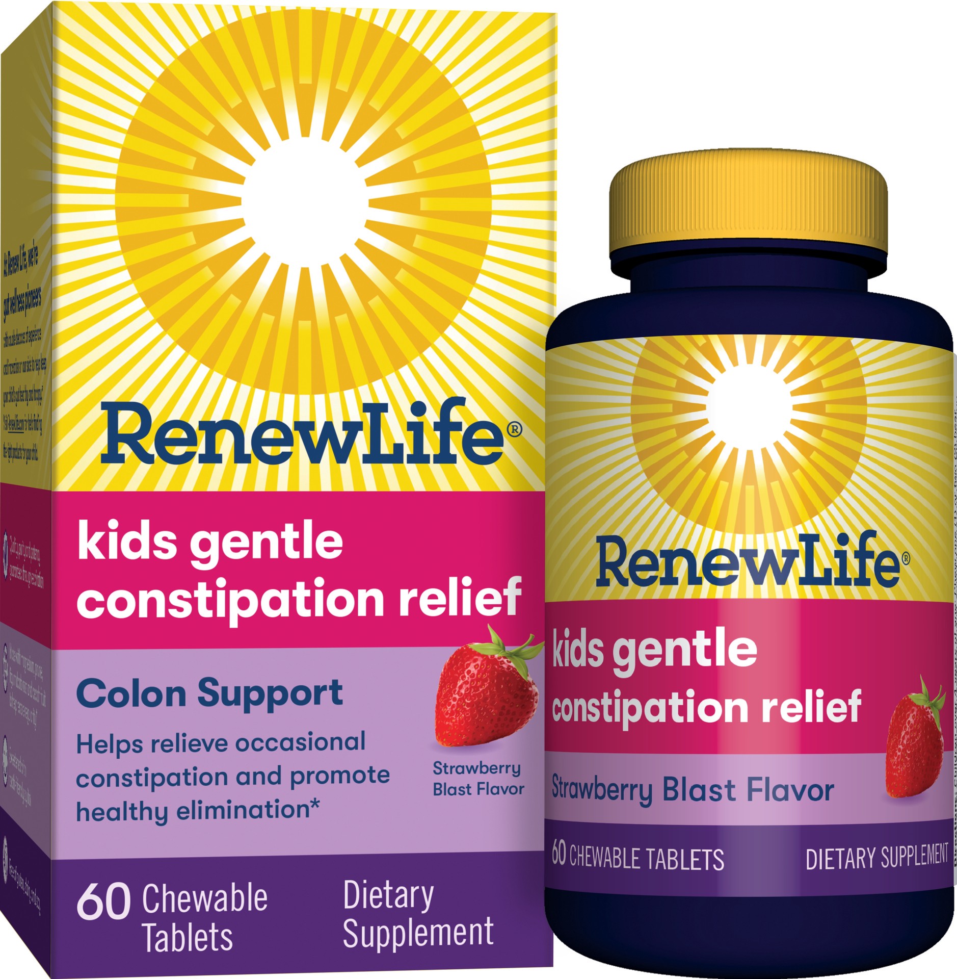 slide 1 of 1, Renew Life Kids Supplement - Kids Gentle Constipation Relief - Colon Support Supplement - Gluten, Diary & Soy Free - Strawberry Blast, 60 Chewable Tablets, 60 ct