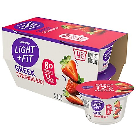 slide 1 of 1, Dannon Light + Fit Strawberry Non Fat Gluten Free Greek Yogurt - 4-5.3 Oz, 21.2 oz