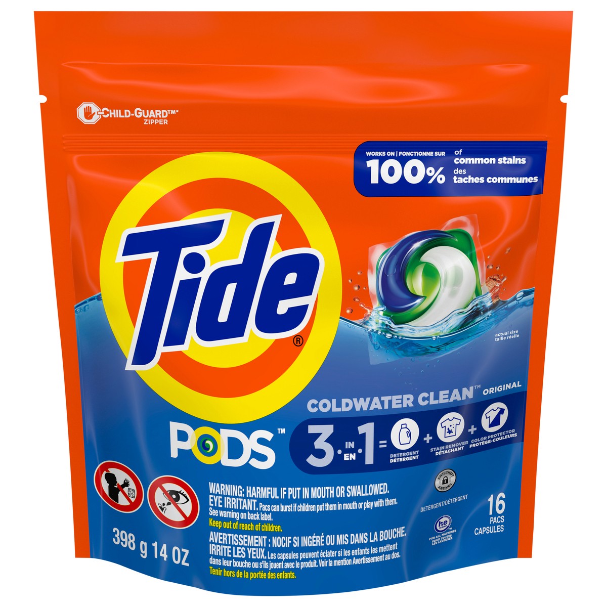 slide 3 of 8, Tide PODS Liquid Laundry Detergent Soap Pacs, HE Compatible, 16 Count, Powerful 3-in-1 Clean in one Step, Original Scent, 14 oz