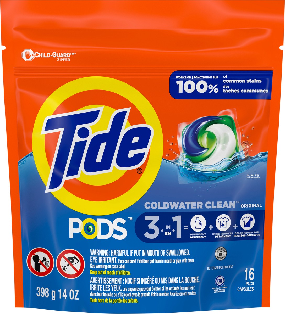 slide 7 of 8, Tide PODS Liquid Laundry Detergent Soap Pacs, HE Compatible, 16 Count, Powerful 3-in-1 Clean in one Step, Original Scent, 14 oz