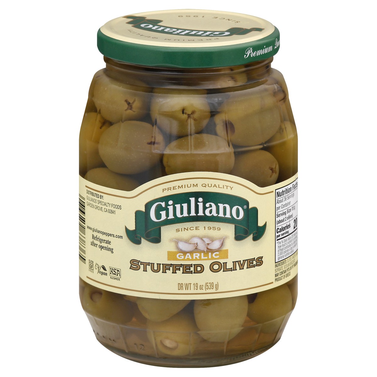 slide 4 of 13, Giuliano Stuffed Garlic Olives 19 oz, 19 oz