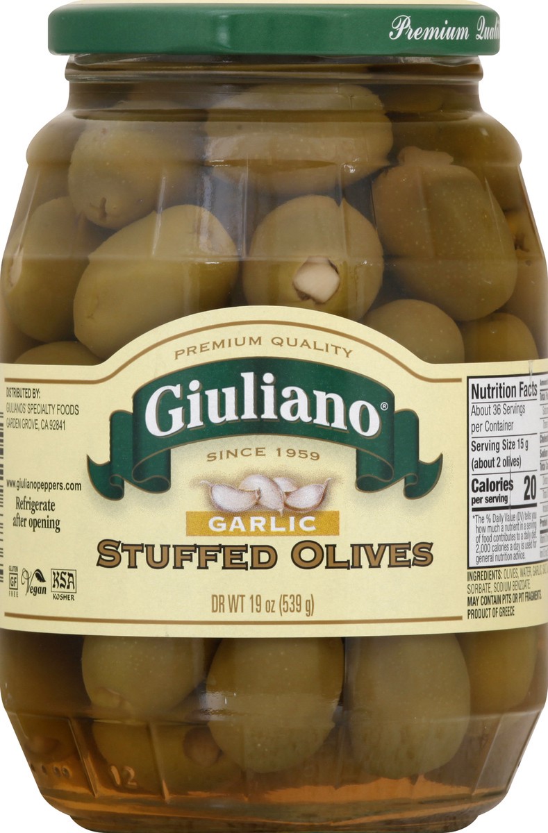 slide 5 of 13, Giuliano Stuffed Garlic Olives 19 oz, 19 oz