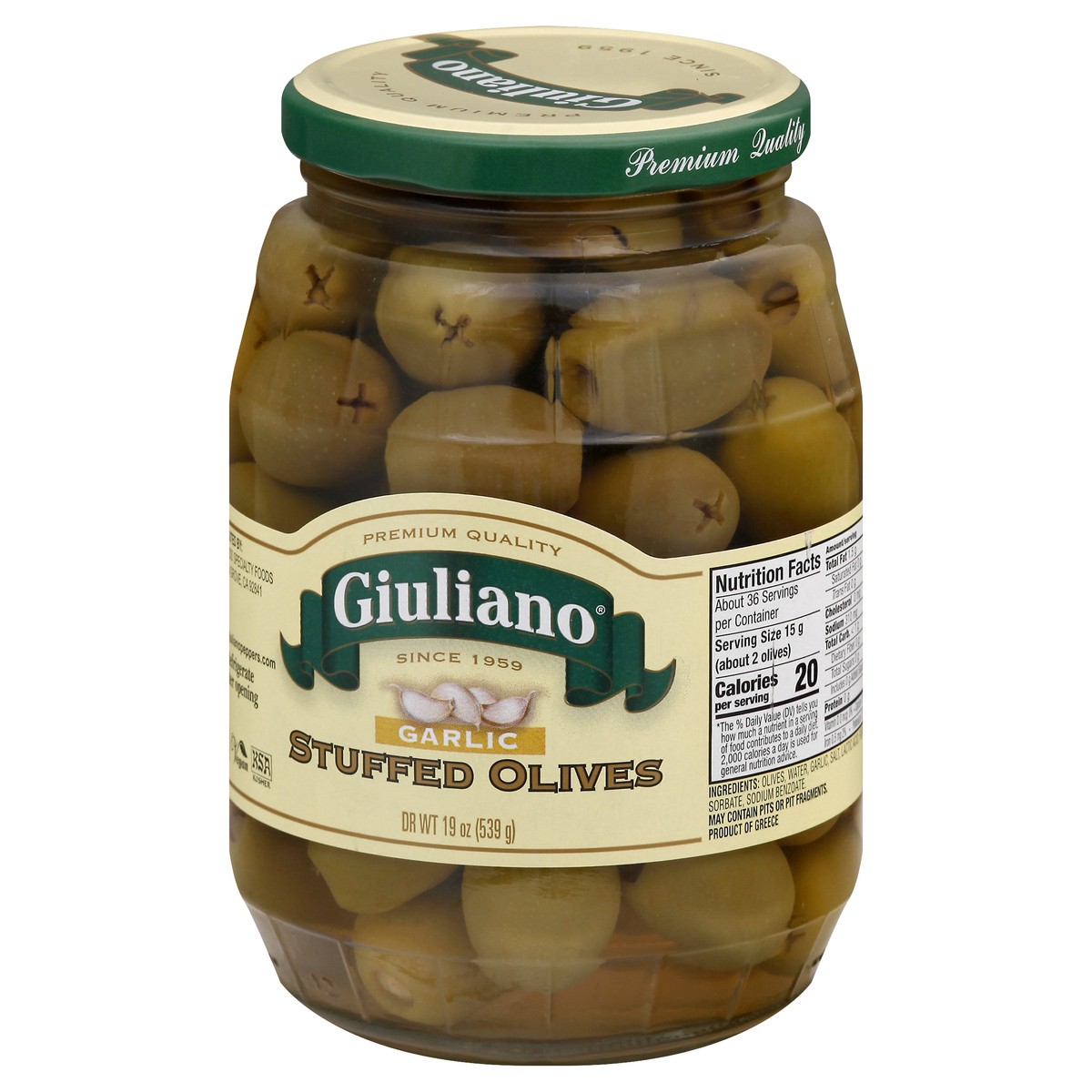 slide 13 of 13, Giuliano Stuffed Garlic Olives 19 oz, 19 oz