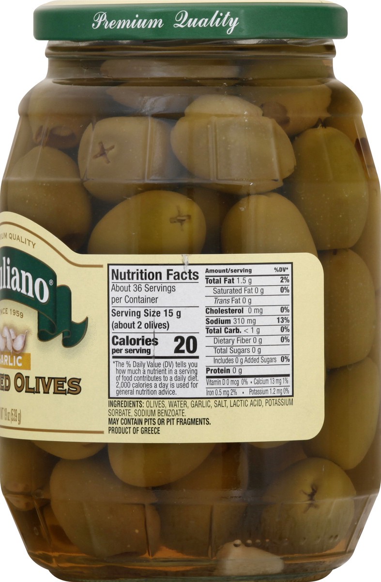 slide 2 of 13, Giuliano Stuffed Garlic Olives 19 oz, 19 oz